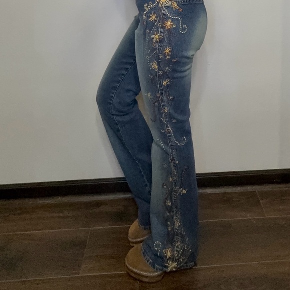 Z Cavaricci Jeans Womens 5 Blue Embroidered Floral Bootcut Denim Boho Y2K - Picture 4 of 6
